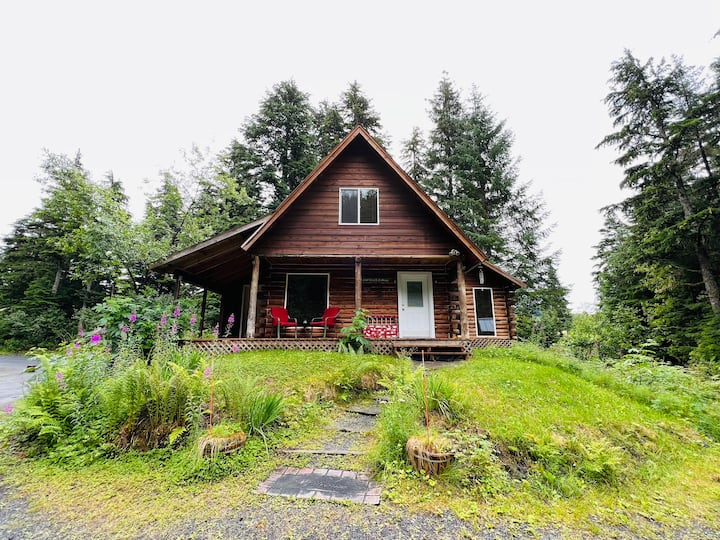 Locally made log cabin.