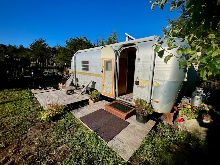 Cozy vintage trailer in the orchard