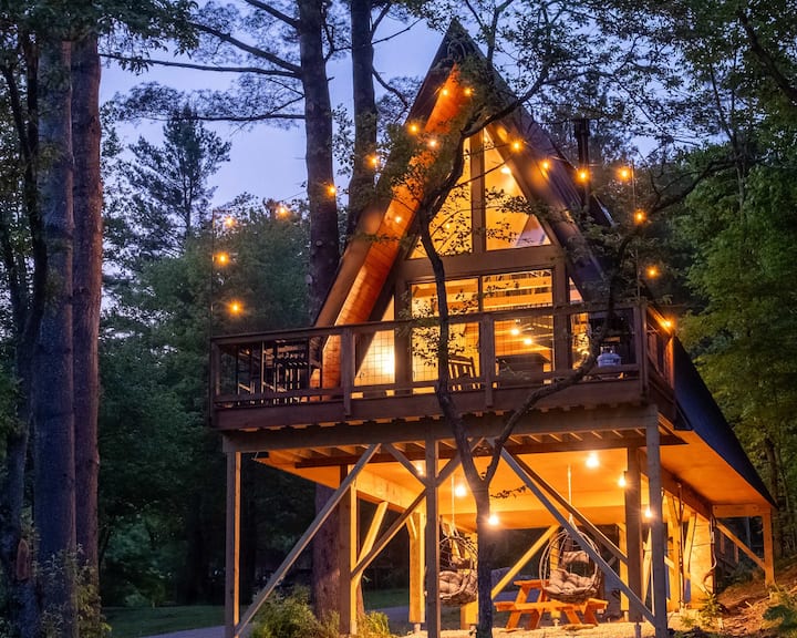 Designer A-Frame Treehouse | Hot Tub & Sauna